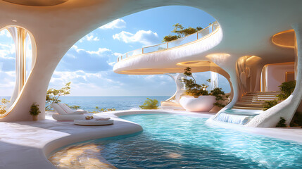 Wall Mural - Luxurious open-plan living space with pool and ocean view. [Dream Architectures] | Dream Bridges | surreal connectors. Illustration