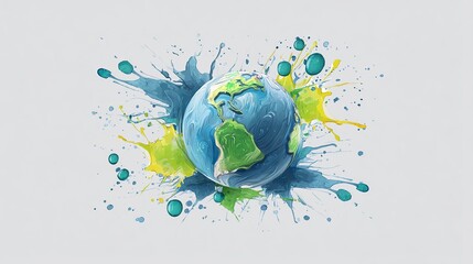 Poster - Vibrant Earth Globe Surrounded by Blue Green Yellow Paint Splatter Artistic Digital Illustration Background Image Design Graphic Resource for Web Print Media Projects eco