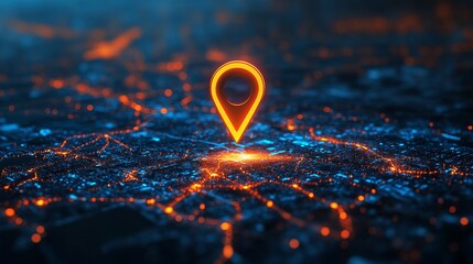 Poster - Glowing Neon Location Pin over Detailed Cityscape Night Map Digital Art Abstract Background Technology Illustration Futuristic Urban Design Modern Cityscape View Orange  