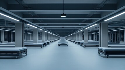 Poster - Futuristic Data Center Interior: Rows of Servers and Benches in a Modern, Minimalist Design