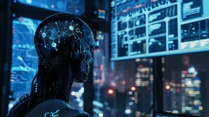 Poster - Dimly Lit Room with AI Analyzing Data on Multiple Glowing Computer Screens in 4K Resolution