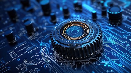 Poster - Futuristic Technology: Cybernetic Gear on Circuit Board