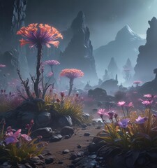 Wall Mural - glowing flora in holographic mist, alien landscape, purple, digital art