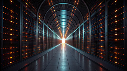Poster - futuristic tunnel with glowing lights and bright exit end