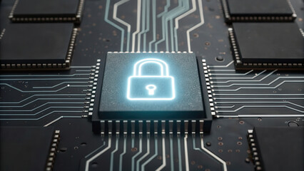 Poster - digital illustration of security lock icon glowing circuit board