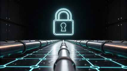 Poster - digital security concept with glowing lock symbol and data pipes