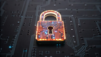 Poster - digital lock symbol with circuit lines glowing circuit board