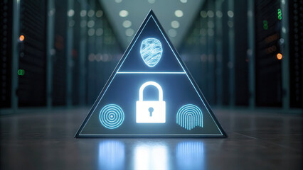 Poster - digital security concept with illuminated lock and biometric icons