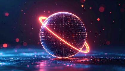 Poster - glowing digital globe with orbiting ring and data points