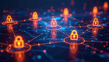Poster - digital network with glowing security icons representing data
