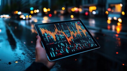 Poster - Nighttime Stock Market Data on Tablet in City