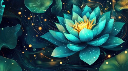 Wall Mural - Vibrant teal lotus flower in a dark aquatic scene.