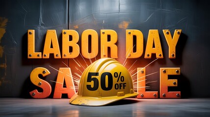 Fototapete - LABOR DAY SALE in heavy industrial lettering, looking like welded metal  banner for website template for header created with generative ai