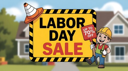 Fototapete - Yellow caution-striped border frames the design with 'LABOR DAY SALE website template created with generative ai 