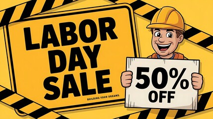 Fototapete - LABOR DAY SALE black highway-sign banner template for website Diagonal caution stripes created with generative ai 