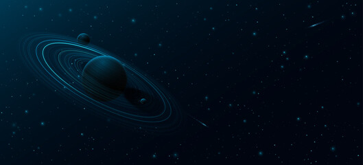 abstract planet saturn with ring around and glowing starry sky. black outer space concept. deep cosm