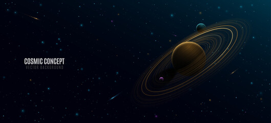 Wall Mural - abstract planet saturn with ring around and colorful glowing starry sky. black outer space concept. 