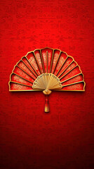 Poster - A red and gold fan is displayed on a red background. The fan is ornate and has a gold trim. Concept of elegance and luxury, as the fan is a symbol of wealth and status in many cultures
