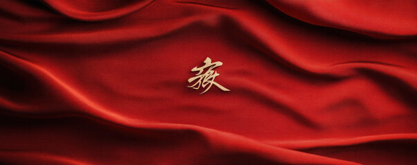 Poster - A red cloth with Chinese characters on it. The cloth is folded and has a gold border. Concept of elegance and sophistication
