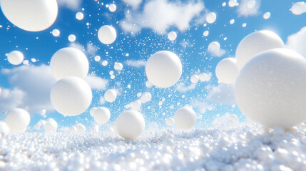 Poster - A large number of white spheres scattered across a blue sky. Concept of playfulness and lightheartedness, as the white spheres seem to be floating in the air, creating a whimsical atmosphere