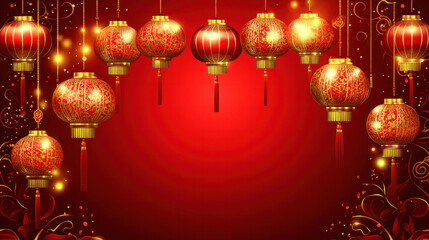 Poster - A red background with many red lanterns hanging from the ceiling. The lanterns are gold and have a Chinese design