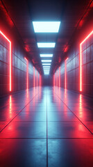Poster - A long, narrow hallway with red walls and neon lights. The hallway is empty and the lights are on, creating a futuristic and industrial atmosphere