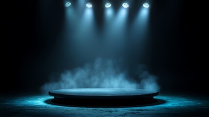 Poster - Dark Moody Stage Platform with Blue Lighting and Fog Dramatic Empty Product Presentation Podium Mysterious Atmosphere Studio Backdrop Elegant Design Professional Showcase
