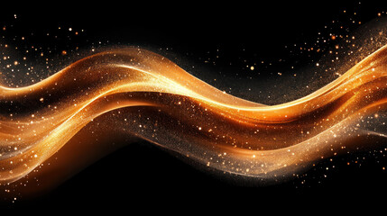 Poster - A long, curvy line of gold sparks with a black background. Concept of movement and energy, as if the sparks are dancing and swirling through the air. The gold color adds a warm