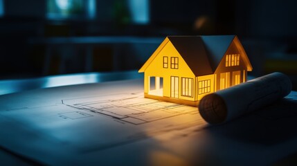 Poster - Illuminated Model House on Blueprint with Soft Lighting in Architectural Space