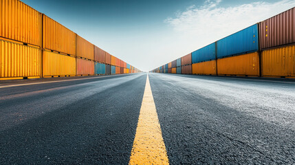 Poster - A long road with yellow and blue shipping containers on either side. The road is empty and the containers are in a row