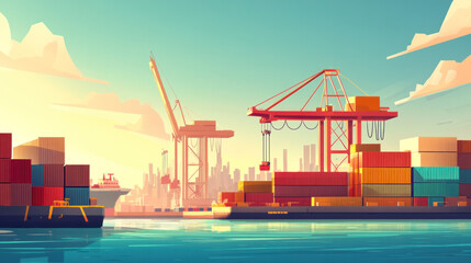 Poster - A city with a large crane and a ship in the water. The crane is red and the ship is white