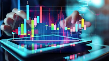 Leinwandbilder - Stock footage showcasing hands interacting with a tablet displaying colorful data analytics and financial graphs in a modern workspace with a technological background