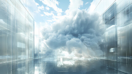 Wall Mural - surreal architecture with a giant cloud inside a metallic room. generative ai image. [dream architec