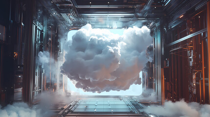 Wall Mural - surreal architecture with a giant cloud inside a metallic room. generative ai image. [dream architec
