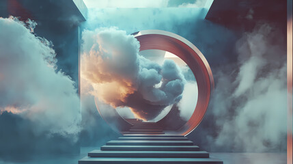 Wall Mural - surreal architecture with a giant cloud inside a metallic room. generative ai image. [dream architec