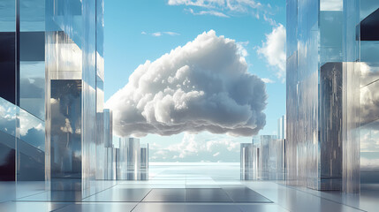Wall Mural - surreal architecture with a giant cloud inside a metallic room. generative ai image. [dream architec