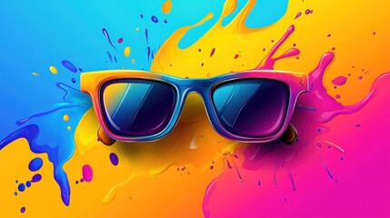 Poster - colorful sunglasses on vibrant paint splashes background, showca