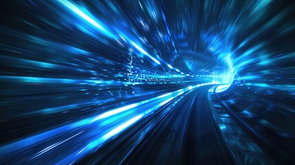 Poster - This vibrant blue light effect creates a mesmerizing projection in a dark space, illustrating movement and energy with a futuristic touch. Perfect for tech themes.
