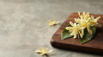 Poster - Delicate Yellow Flowers with Green Leaves on Wooden Surface and Soft Gray Background