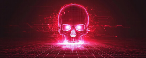 Poster - A skull with glowing red eyes is displayed on a red background. The skull is surrounded by a glowing, pixelated pattern, giving the impression of a futuristic, otherworldly environment