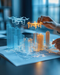 Poster - A person is holding a model of a drone and a city. The drone is blue and the city is orange. Concept of technology and urbanization