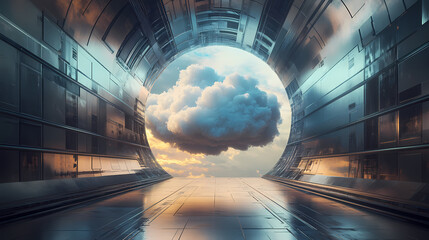 Wall Mural - surreal architecture with a giant cloud inside a metallic room. generative ai image. [dream architec