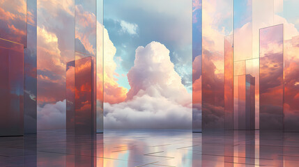 Wall Mural - surreal architecture with a giant cloud inside a metallic room. generative ai image. [dream architec