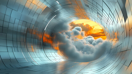 Wall Mural - Surreal architecture with a giant cloud inside a metallic room. generative ai image. [Dream Architectures] | Infinite Windows | endless views. Illustration