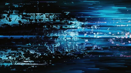 Poster - Abstract of blue glitch with pixel effect in graphic background use shading and monochrome to express mysterious and complex design through wave texture convey sense of horror digital scene. AIG53.