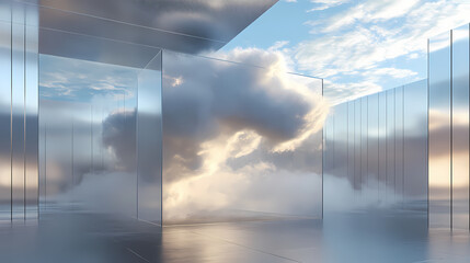 Wall Mural - surreal architecture with a giant cloud inside a metallic room. generative ai image. [dream architec