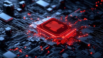 Poster - Computer chip on motherboard red glow high tech circuit connectivity
