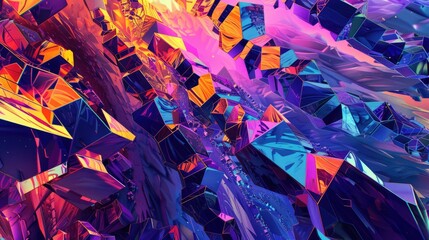 Poster - Explore a vibrant abstract landscape featuring geometric shapes and a psychedelic color palette. This dynamic design captures a sense of depth and movement.