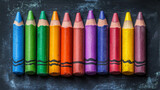 Vibrant crayons resting on a classic blackboard, creating a playful educational theme