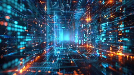 Poster - Immerse yourself in this vibrant futuristic digital space, showcasing intricate light patterns and data streams that create a mesmerizing visual experience.
